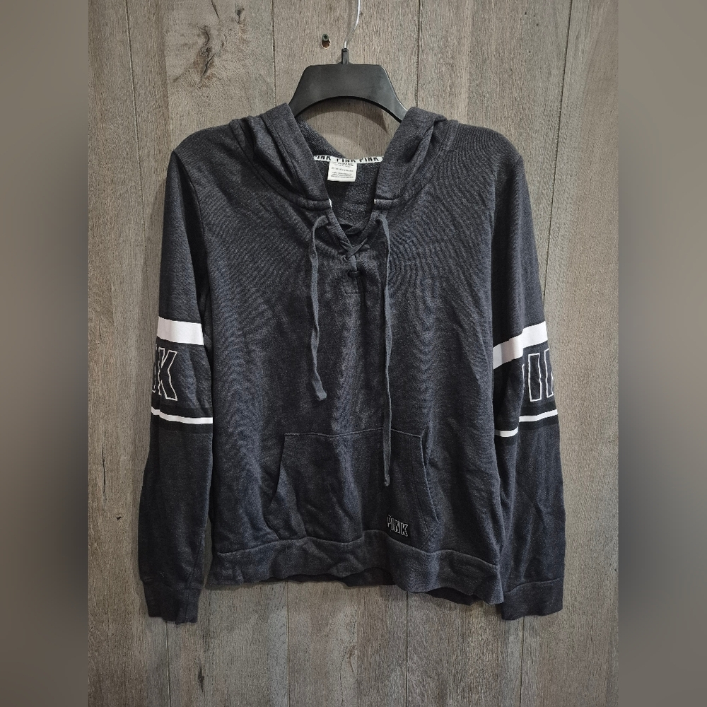 Victoria's Secret PINK Lace Up Sweatshirt Dark Grey Striped Sleeves (Size XS)